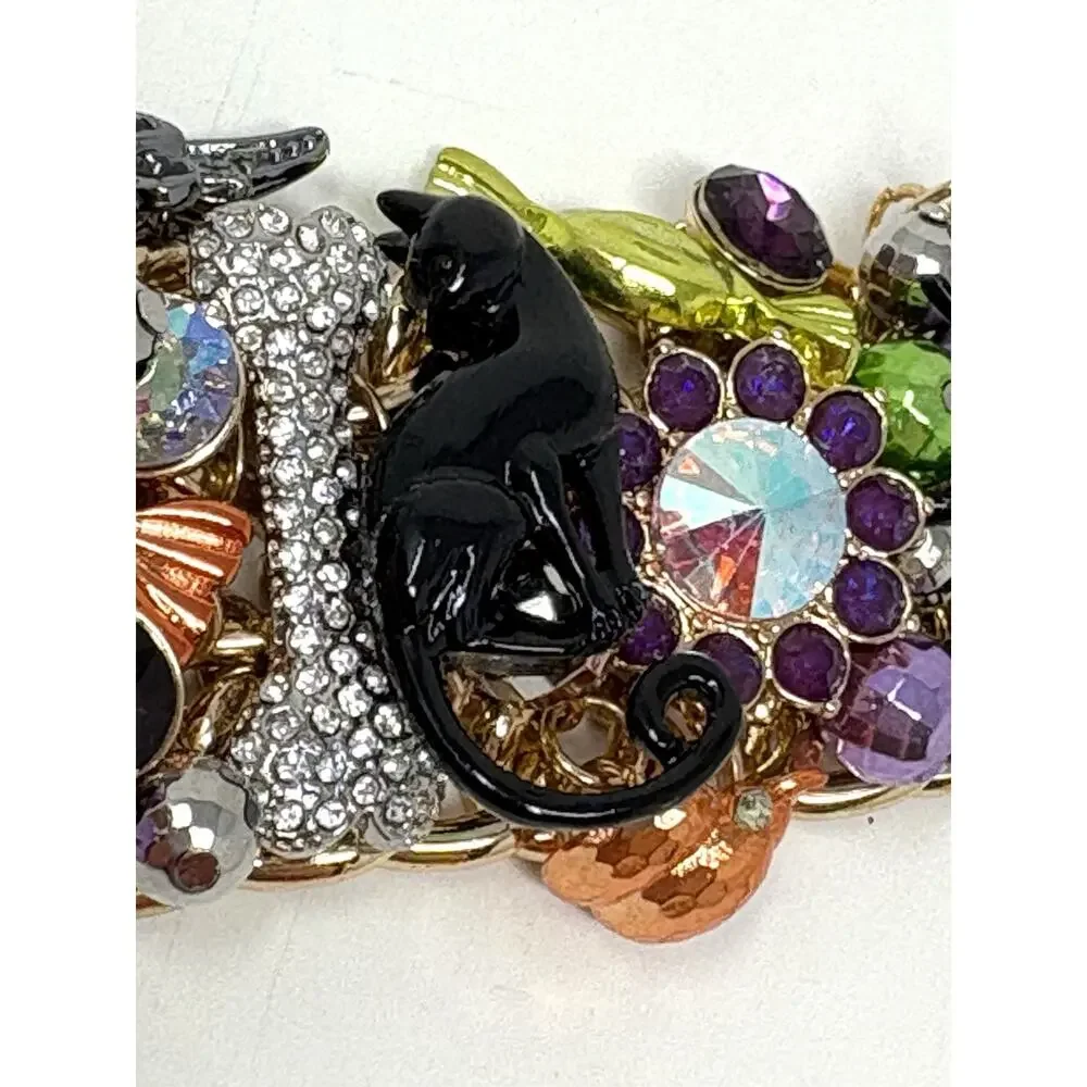 Betsey Johnson Halloween Toggle Bracelet Black Cat Spider Bat Candy Charms Wide